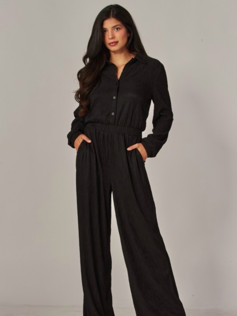 Creamy Black Plisse Button-Front Wide-Leg Jumpsuit